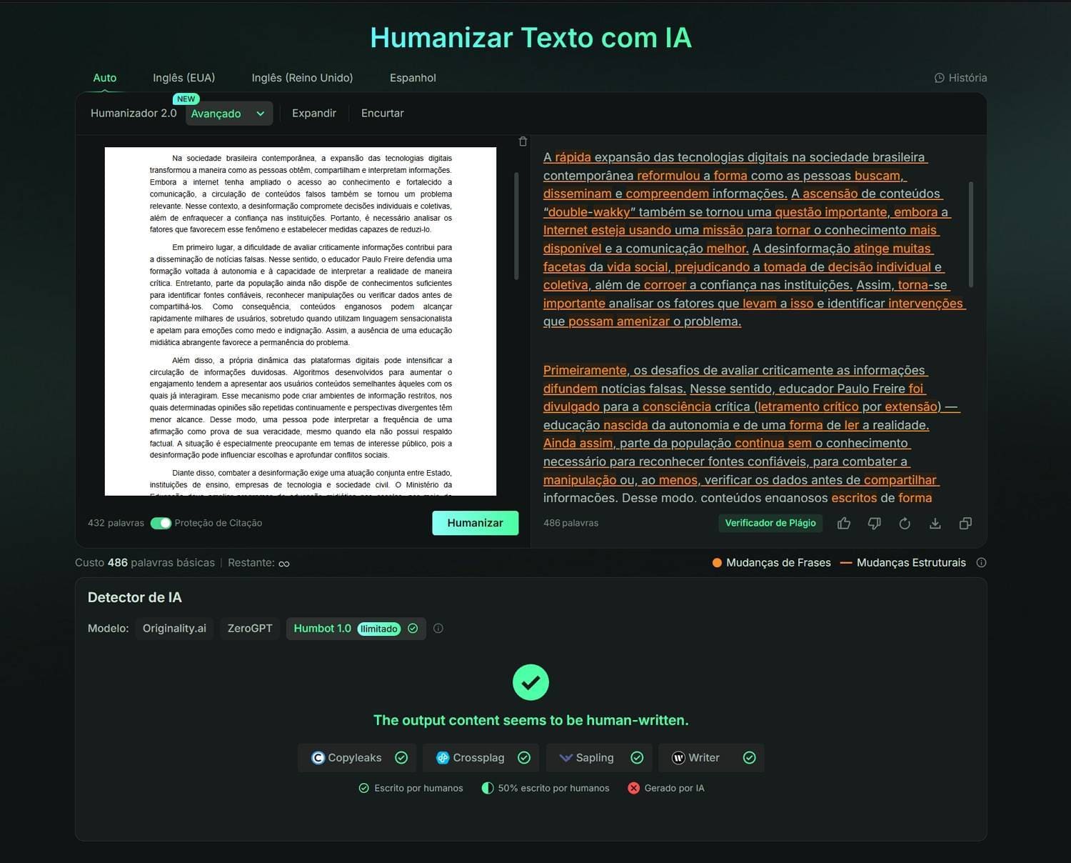 Humanizar redação com Humbot