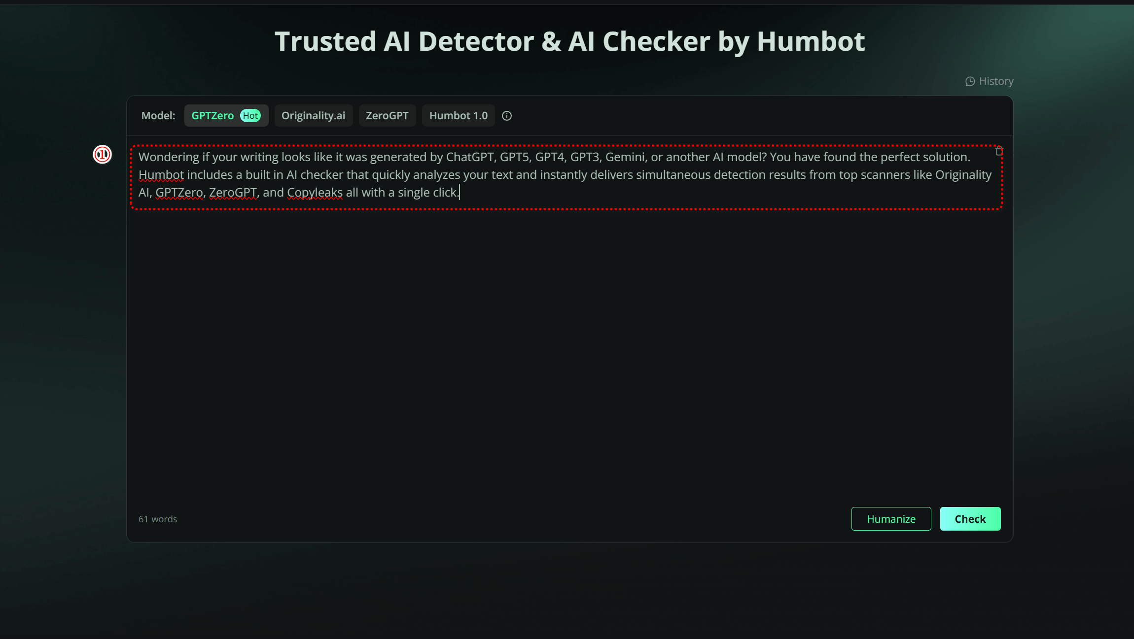 step 1 to use humbot ai checker