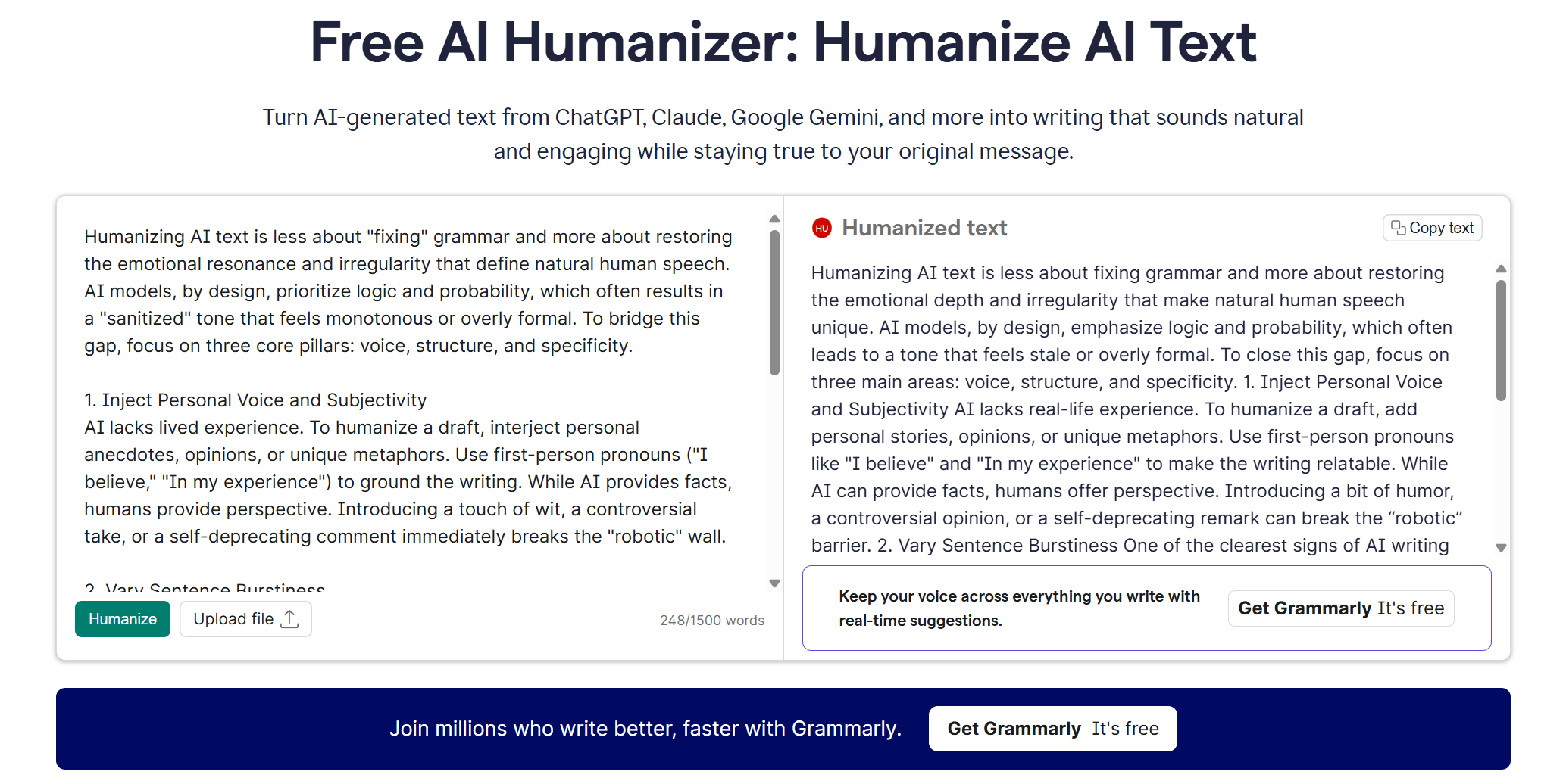 use grammarly to huamnize ai text