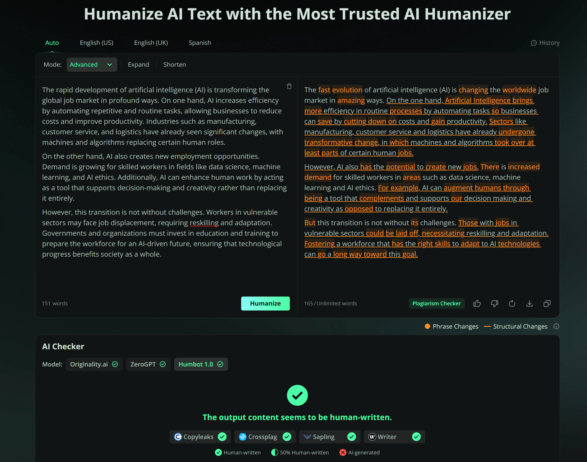 use humbot humanize ai text