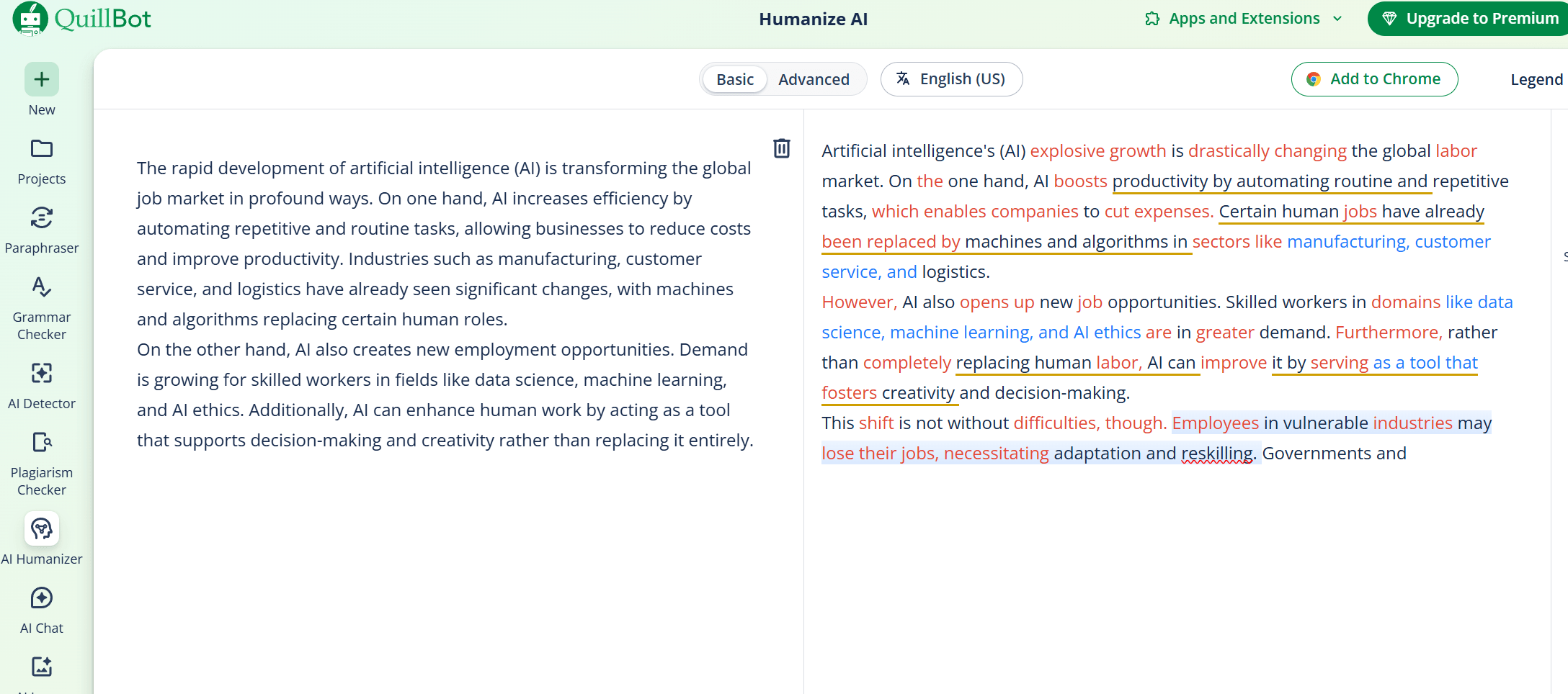 use quilbot ai humanizer to humanize ai text
