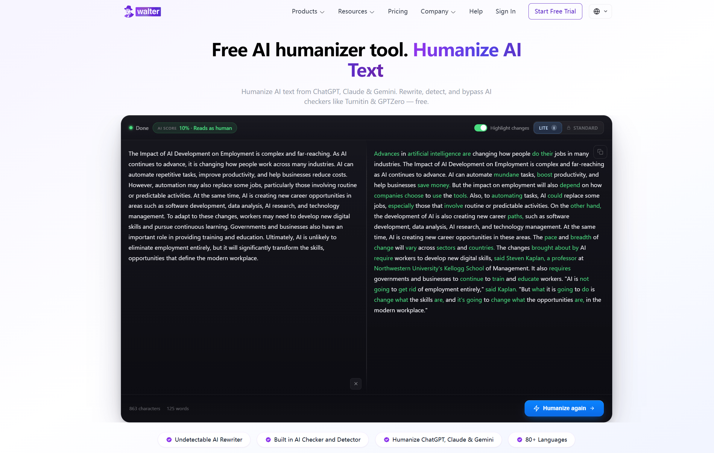 Walter AI humanizer text